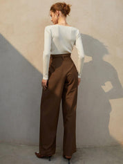 Kotty Women Relaxed Straight Leg Straight Fit High-Rise Cotton Pleated Trousers