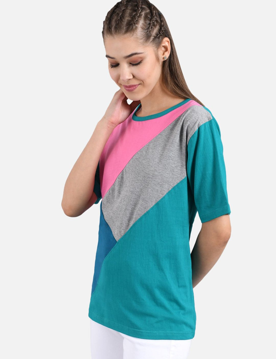 Kotty Women Pink And Blue Colourblocked Round Neck T-shirt