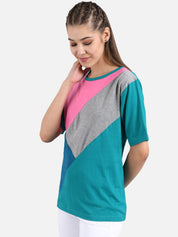Kotty Women Pink And Blue Colourblocked Round Neck T-shirt