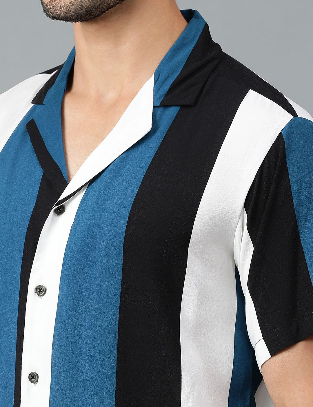 Kotty Men Cuban Collar Striped Casual Shirt