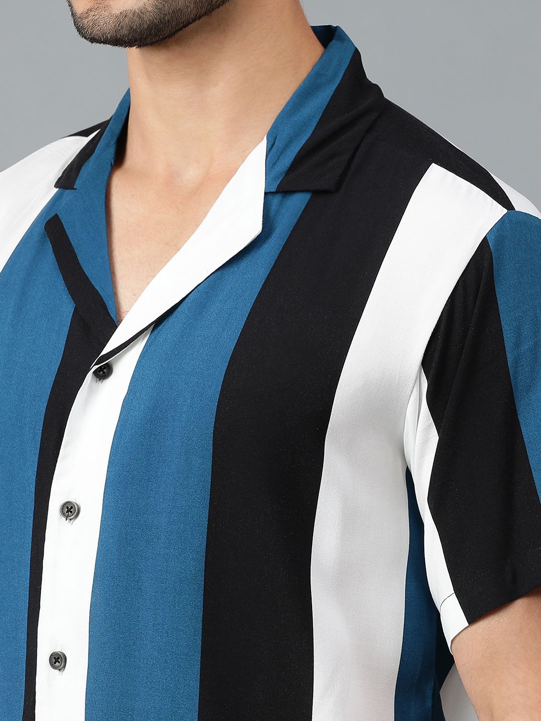 Kotty Men Cuban Collar Striped Casual Shirt