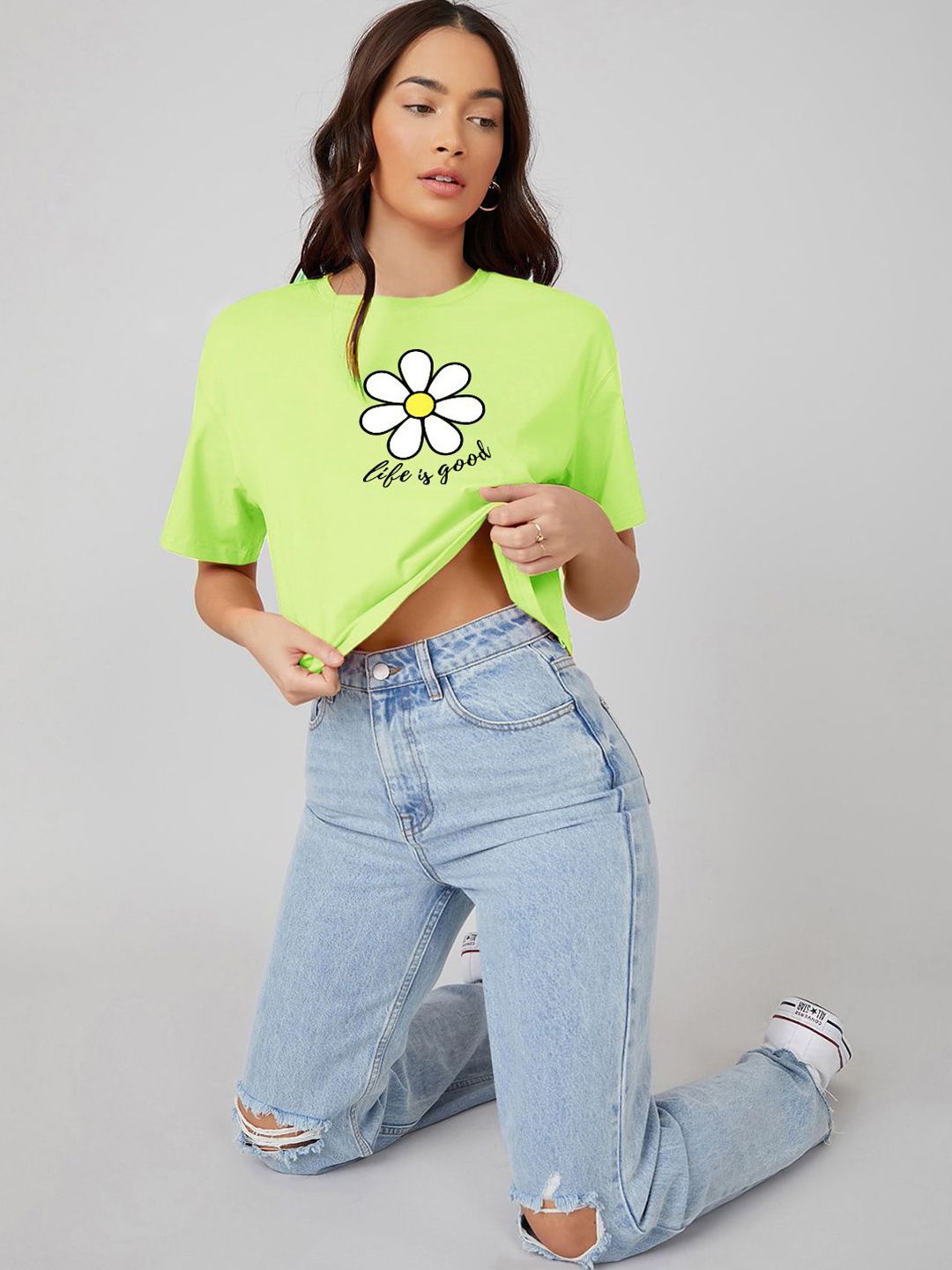 Kotty Lime Green Graphic Printed Oversized Cotton Casual T-Shirt