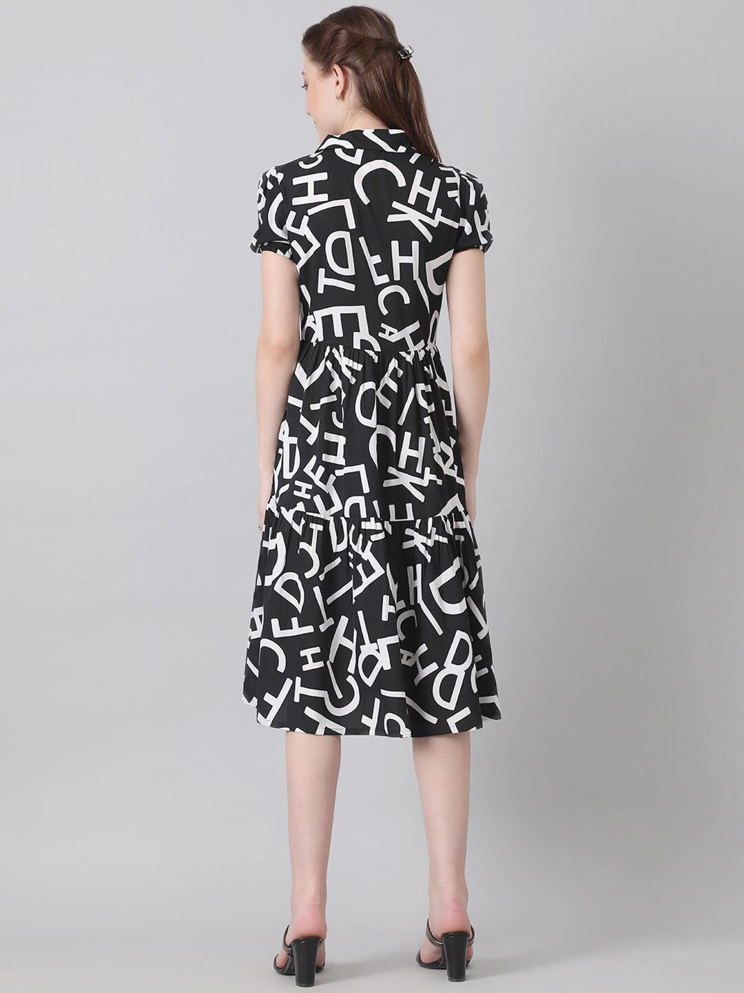 Kotty Black & White Typography Printed Shirt Style Midi Dress