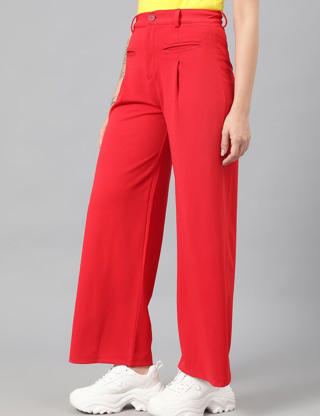 Kotty Women Red Relaxed Straight Leg Fit High-Rise Easy Wash Pleated Parallel Trousers