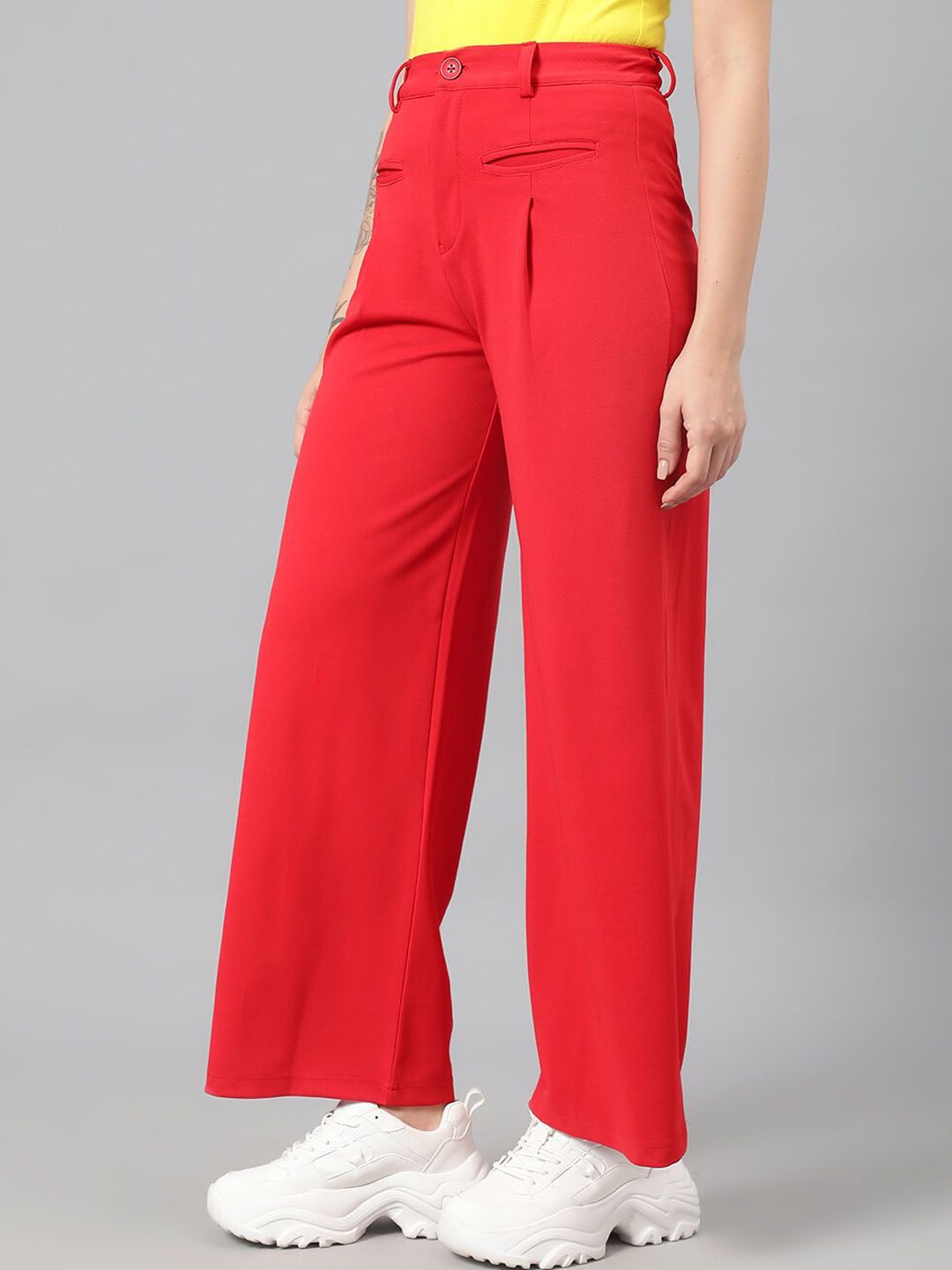 Kotty Women Red Relaxed Straight Leg Fit High-Rise Easy Wash Pleated Parallel Trousers