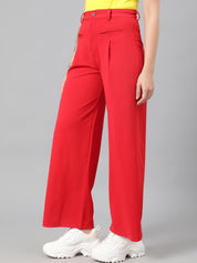 Kotty Women Red Relaxed Straight Leg Fit High-Rise Easy Wash Pleated Parallel Trousers