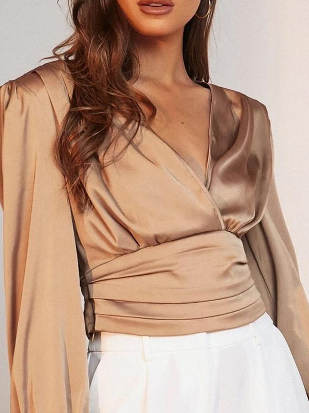 Kotty V-Neck Ruched Solid Wrap Top