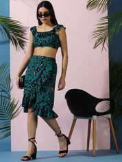 Kotty Green Floral Printed Sleeveless Top With Skirt