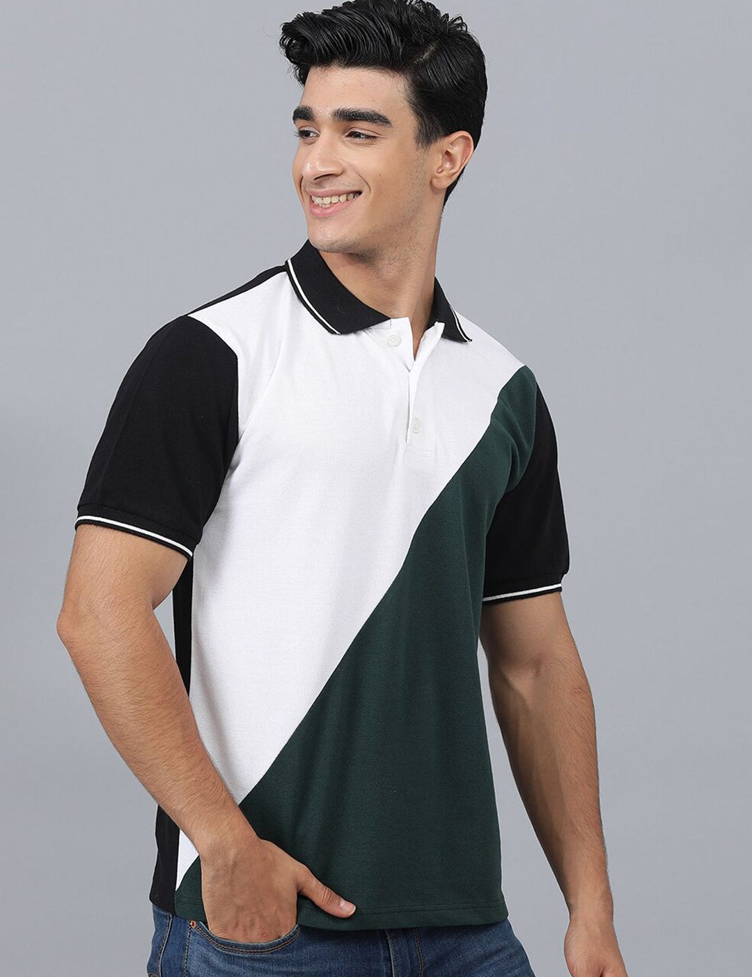 Kotty Colourblocked Polo Collar Regular Fit Cotton T-Shirt