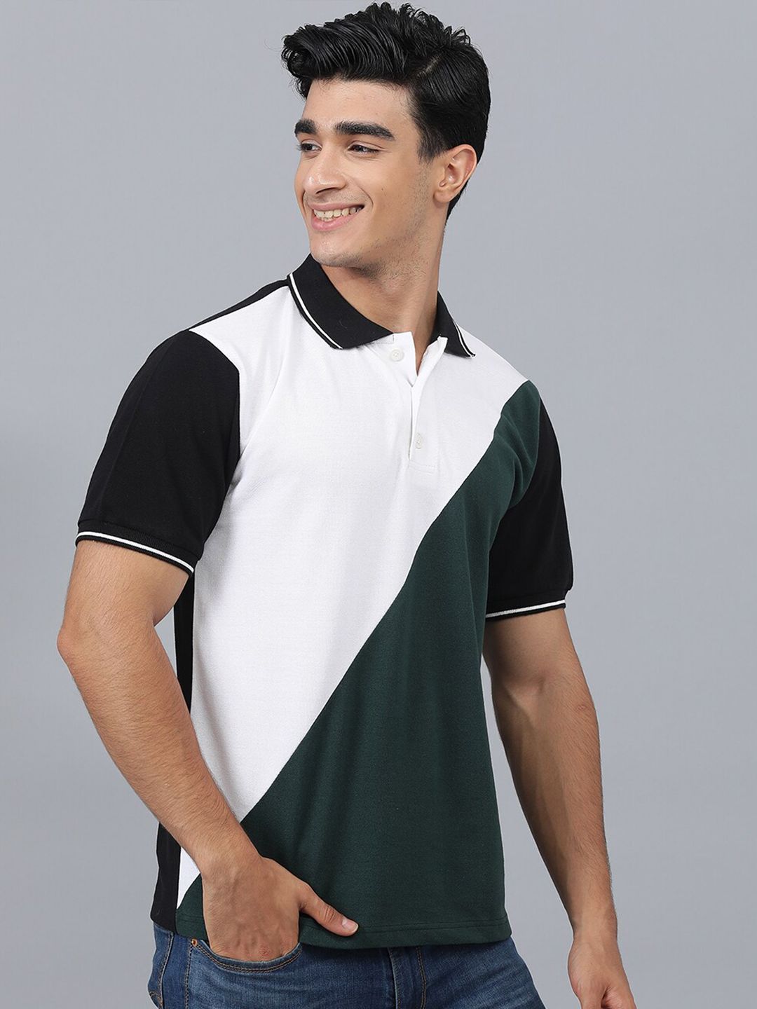 Kotty Colourblocked Polo Collar Regular Fit Cotton T-Shirt