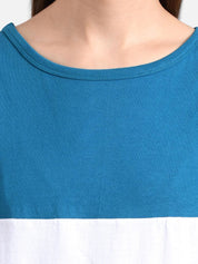 Kotty Women White & Blue Colourblocked V-Neck T-shirt
