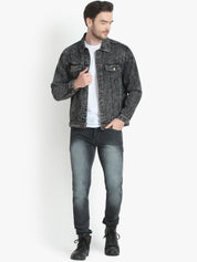 Kotty Men Charcoal Grey Solid Denim Jacket