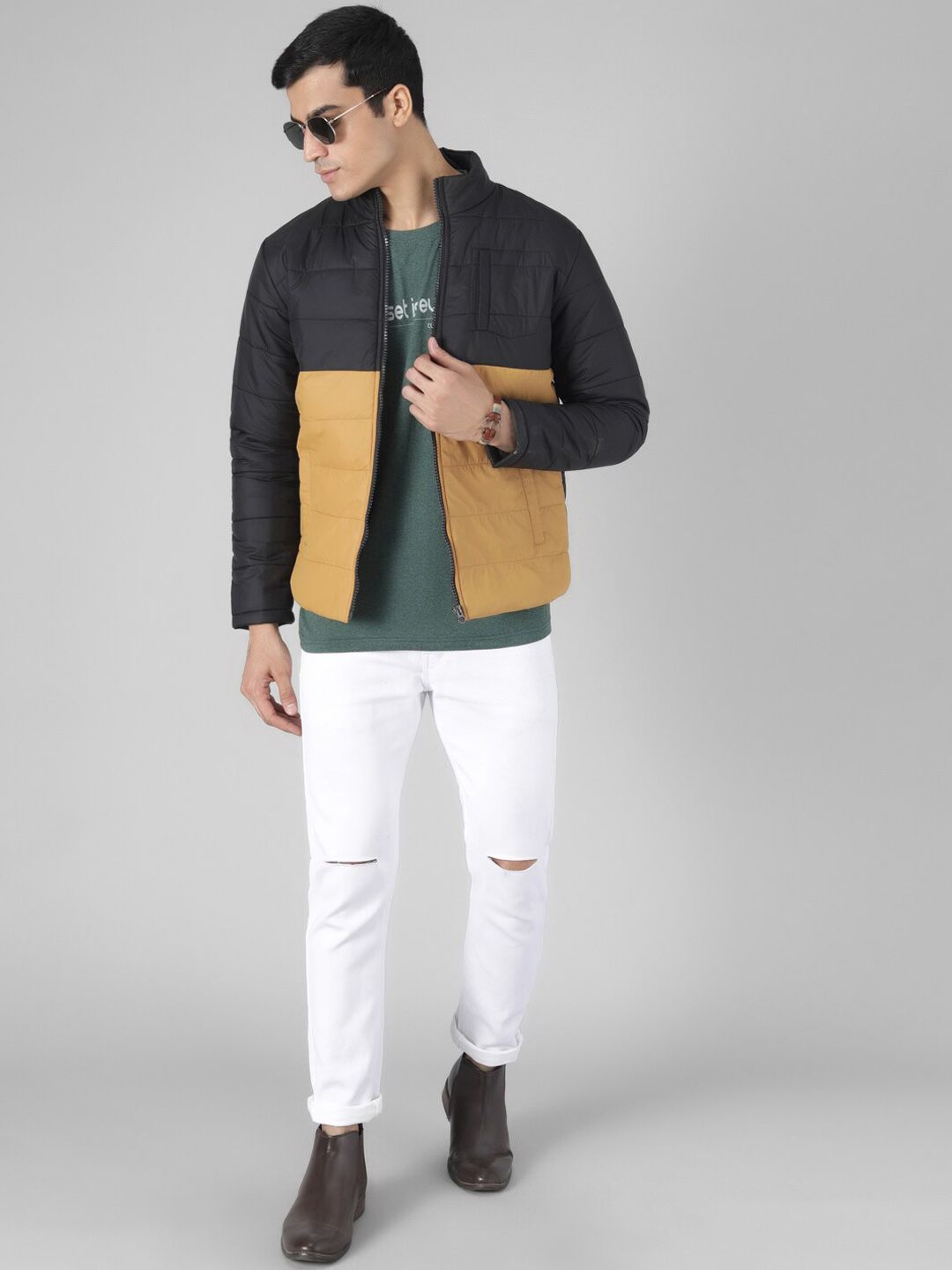 Kotty Men Yellow & Black Colourblocked Puffer Jacket