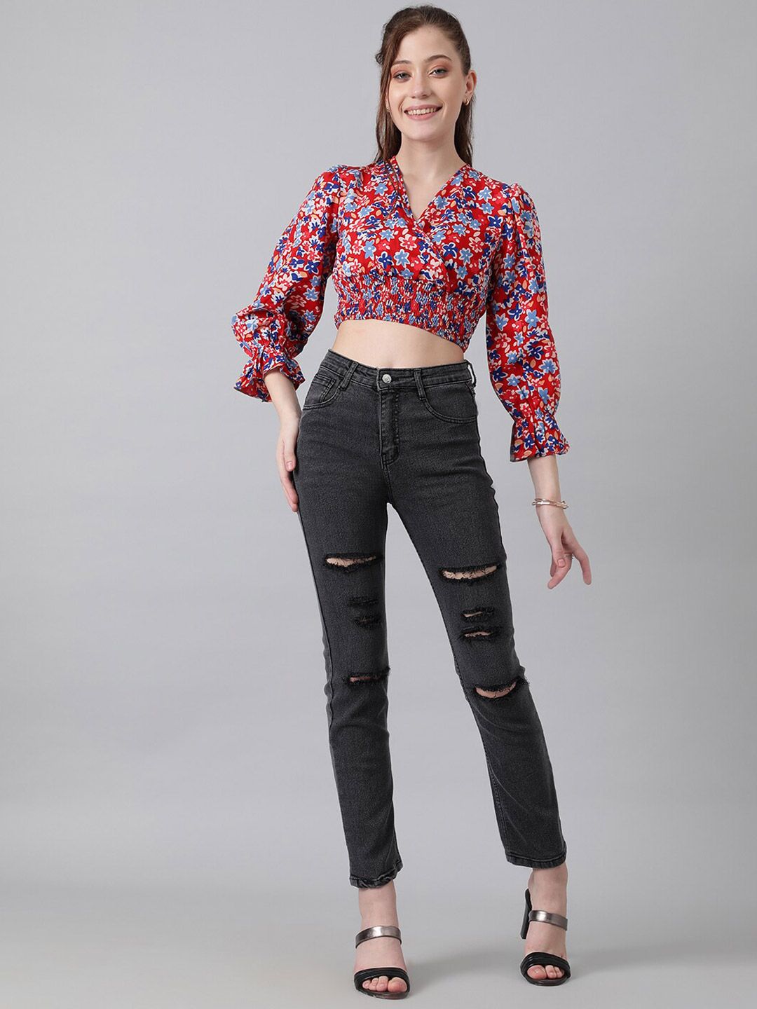 Kotty Red Floral Print Puff Sleeve Smocked Crepe Wrap Crop Top