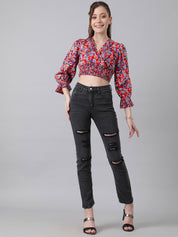 Kotty Red Floral Print Puff Sleeve Smocked Crepe Wrap Crop Top