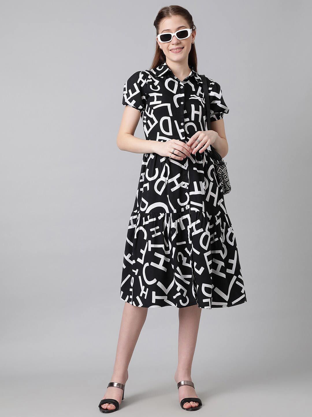 Kotty Black & White Typography Printed Shirt Style Midi Dress