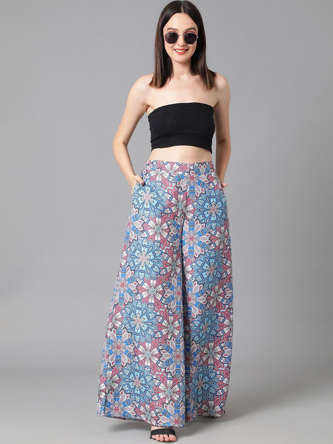 Kotty Women Blue Floral Printed Relaxed Flared Easy Wash Parallel Trousers