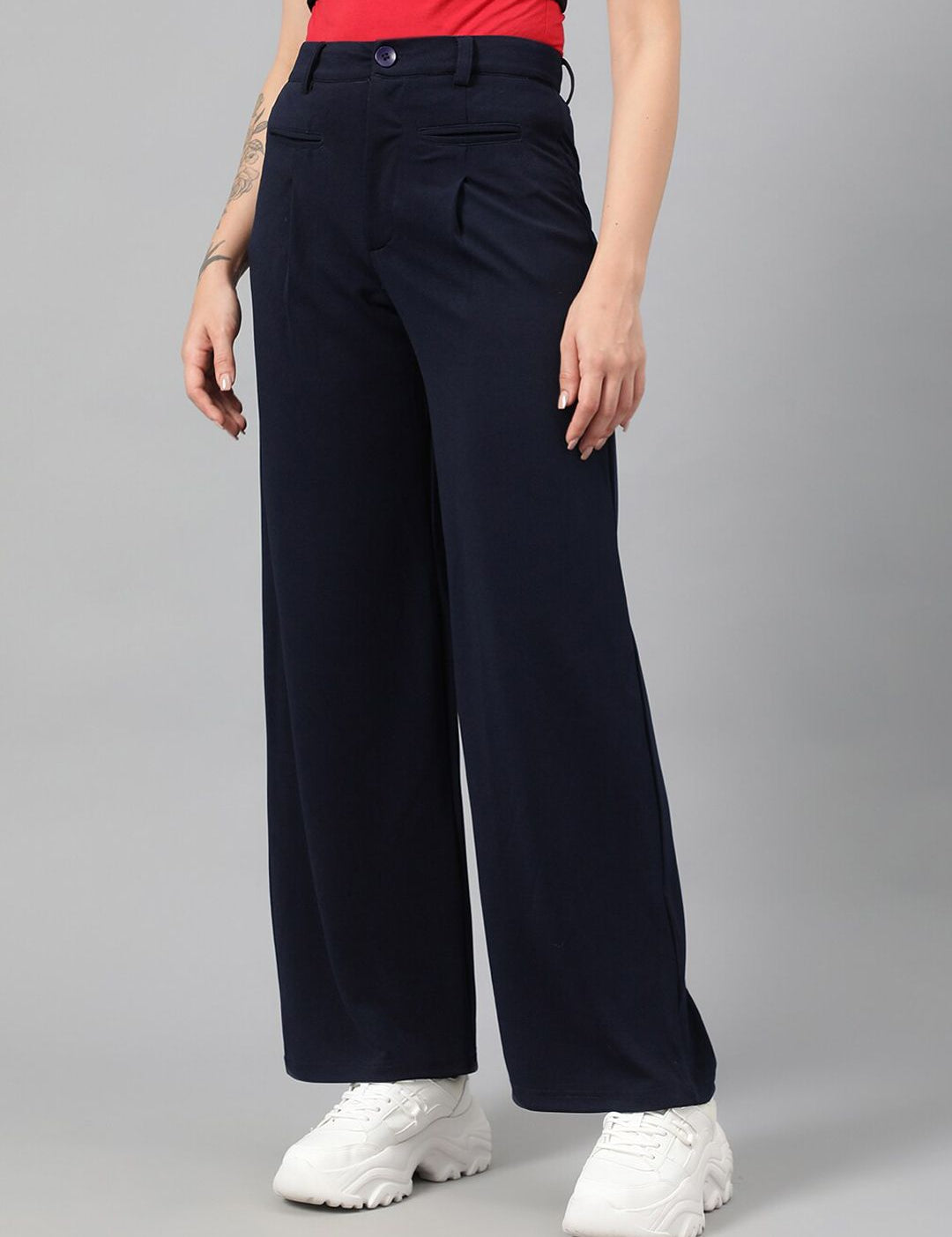 Kotty Women Navy Blue Relaxed Straight Leg Fit High-Rise Easy Wash Parallel Trousers