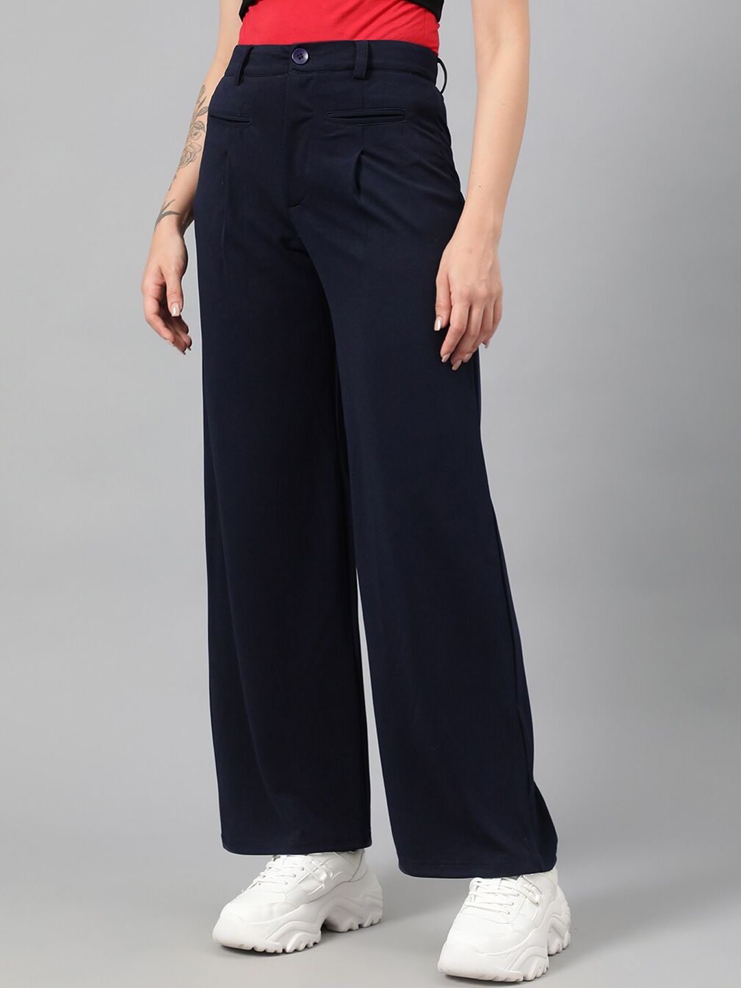 Kotty Women Navy Blue Relaxed Straight Leg Fit High-Rise Easy Wash Parallel Trousers