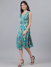 Kotty Floral Printed V-Neck Satin Midi Wrap Dress