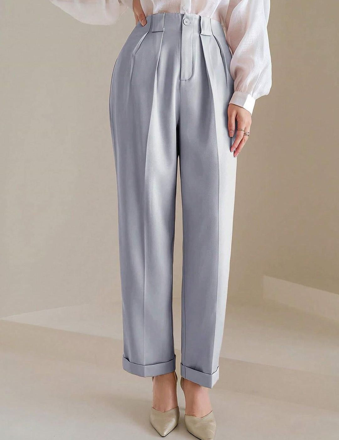 Kotty Women Striped Relaxed Straight Leg Straight Fit High-Rise Cotton Pleated Trousers