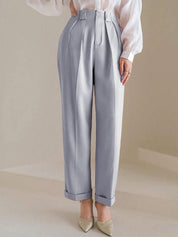 Kotty Women Striped Relaxed Straight Leg Straight Fit High-Rise Cotton Pleated Trousers