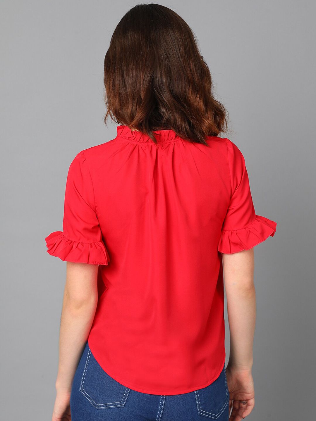 Kotty Red Tie-Up Neck Bell Sleeve Crepe Top