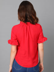 Kotty Red Tie-Up Neck Bell Sleeve Crepe Top