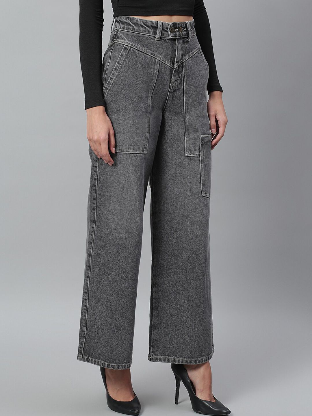 Kotty Women Grey Flared High-Rise Light Fade Stretchable Jeans