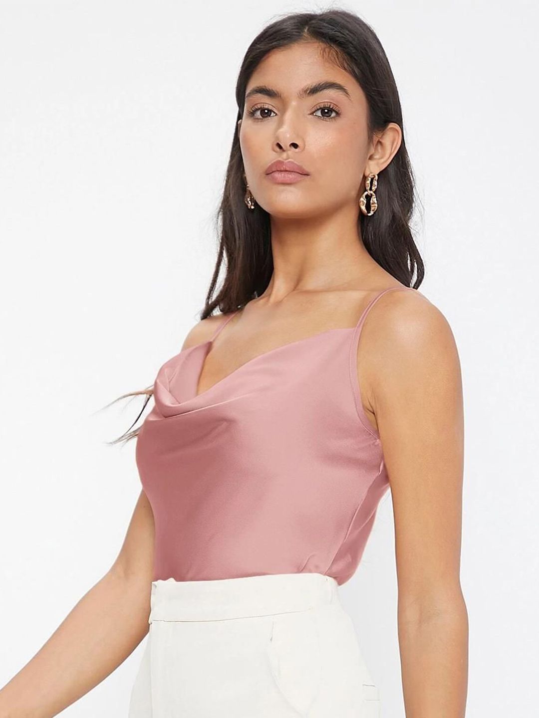 Kotty Women Solid Cowl Neck Shoulder Straps Satin Top