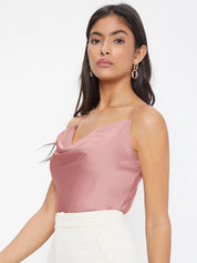Kotty Women Solid Cowl Neck Shoulder Straps Satin Top