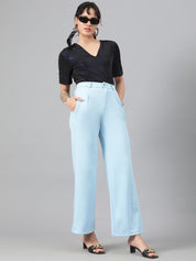 KOTTY BIZwear Women Blue Relaxed Straight Leg Fit High-Rise Easy Wash Parallel Trousers