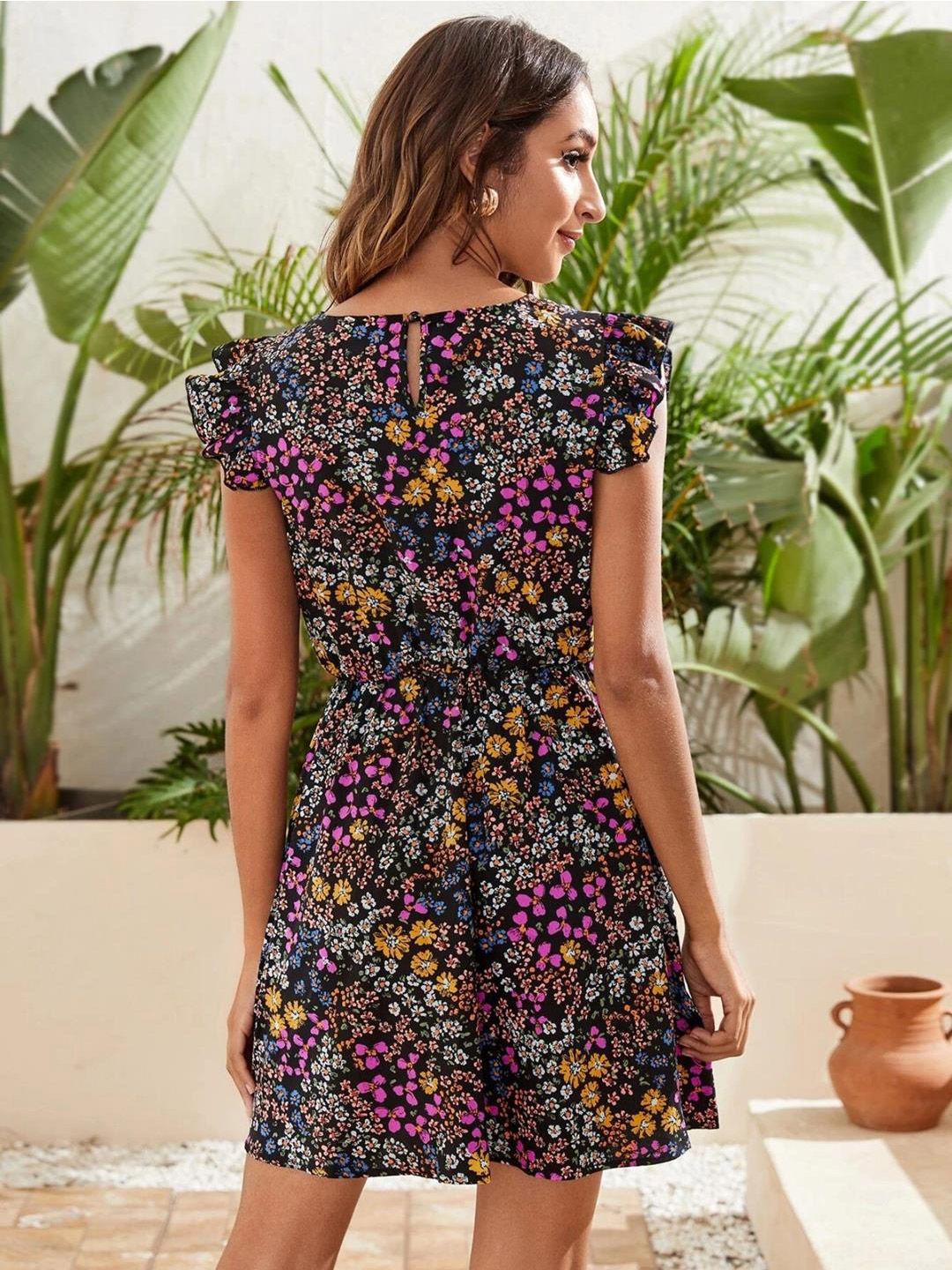 Kotty Black Floral Printed Flutter Sleeves Fit & Flare Dress