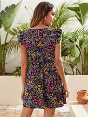 Kotty Black Floral Printed Flutter Sleeves Fit & Flare Dress