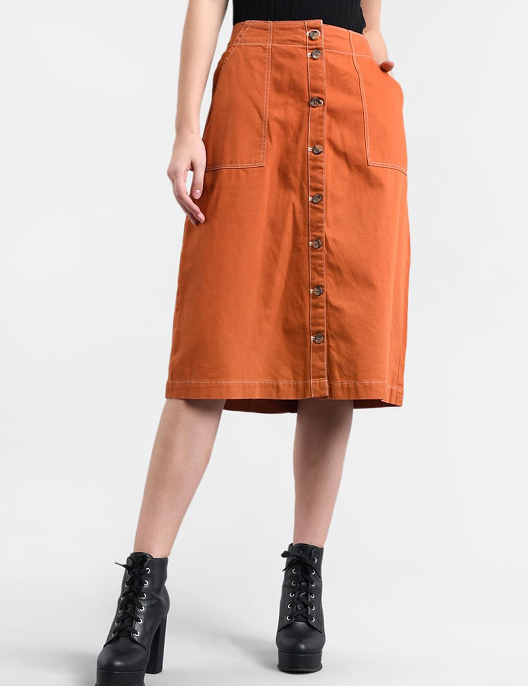 Kotty Women Orange Solid A-Line Denim Skirt