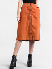 Kotty Women Orange Solid A-Line Denim Skirt