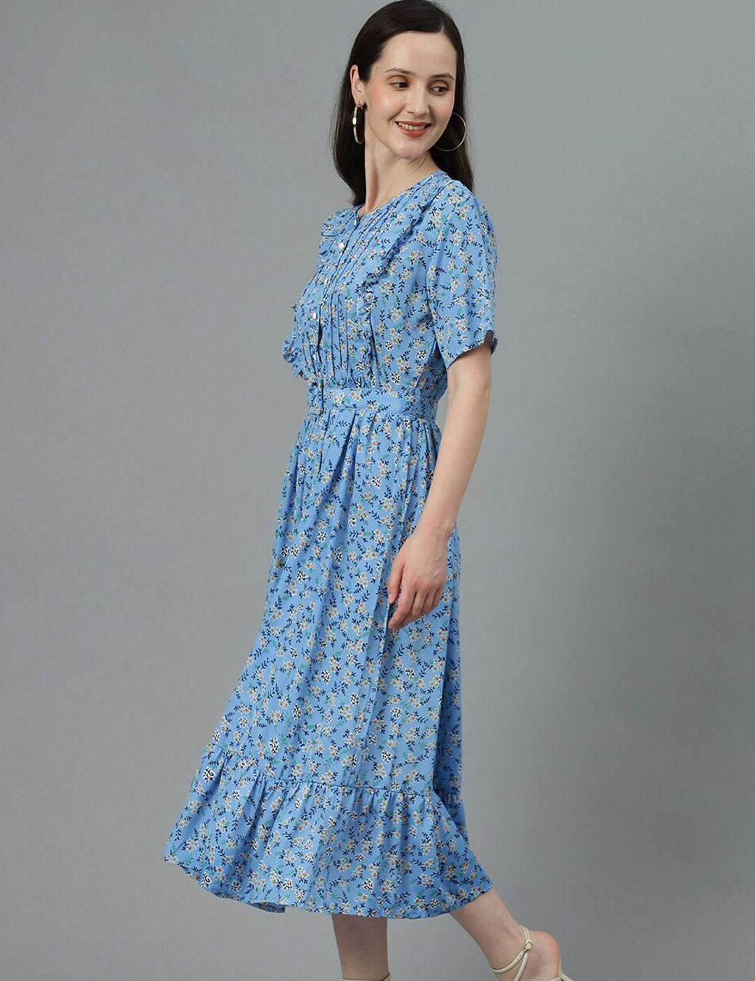 Kotty Blue Floral Print Fit & Flare Midi Dress