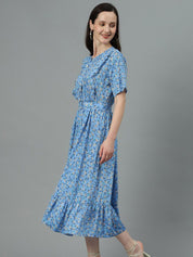 Kotty Blue Floral Print Fit & Flare Midi Dress