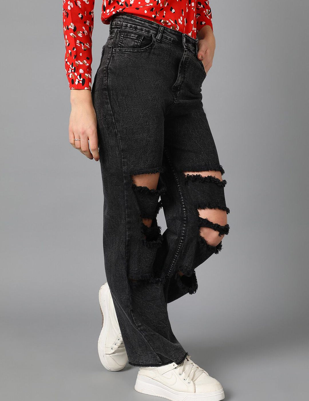 Kotty Women Black Jean Straight Fit High-Rise Highly Distressed Stretchable Jeans