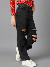 Kotty Women Black Jean Straight Fit High-Rise Highly Distressed Stretchable Jeans