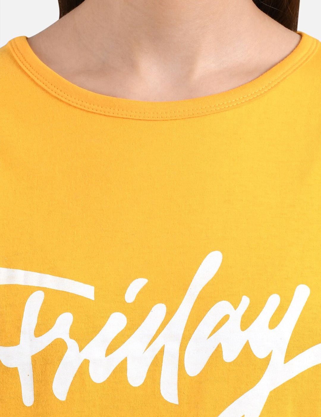 Kotty Women Mustard Yellow & White Printed Round Neck T-shirt