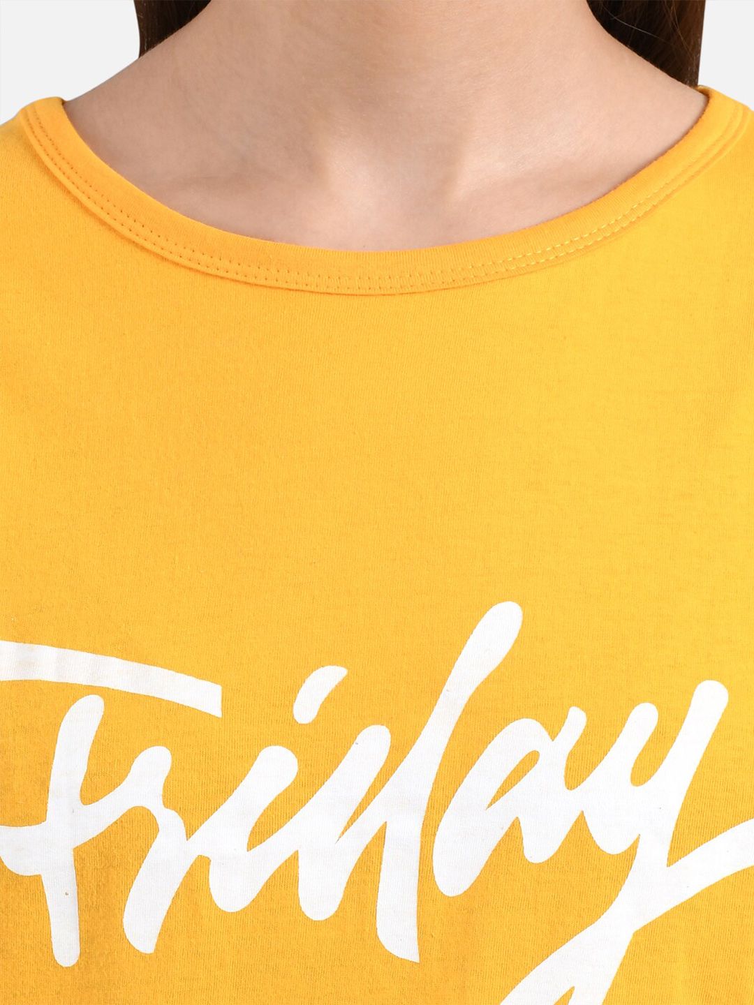 Kotty Women Mustard Yellow & White Printed Round Neck T-shirt