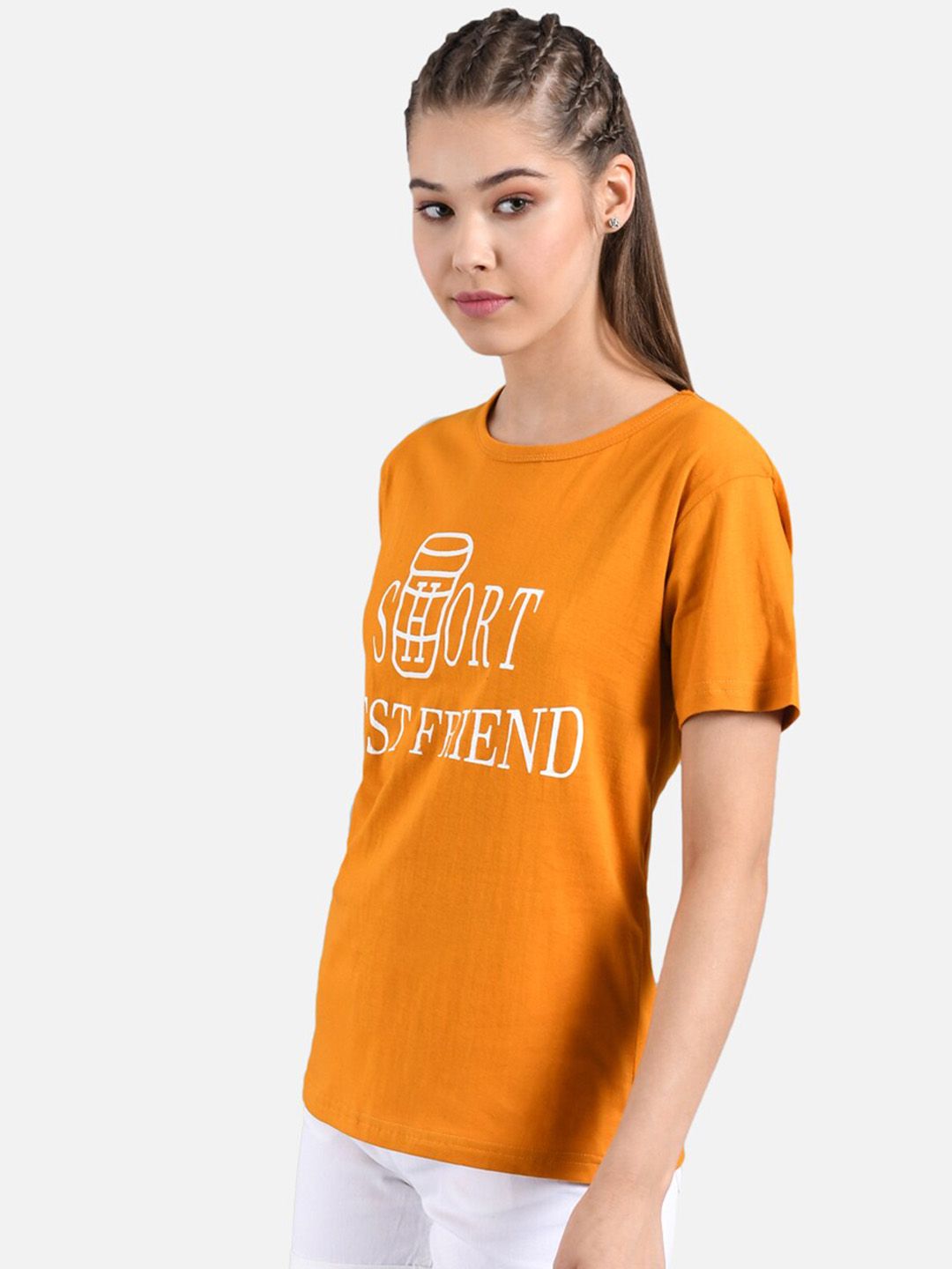 Kotty Women Orange Printed Round Neck T-shirt