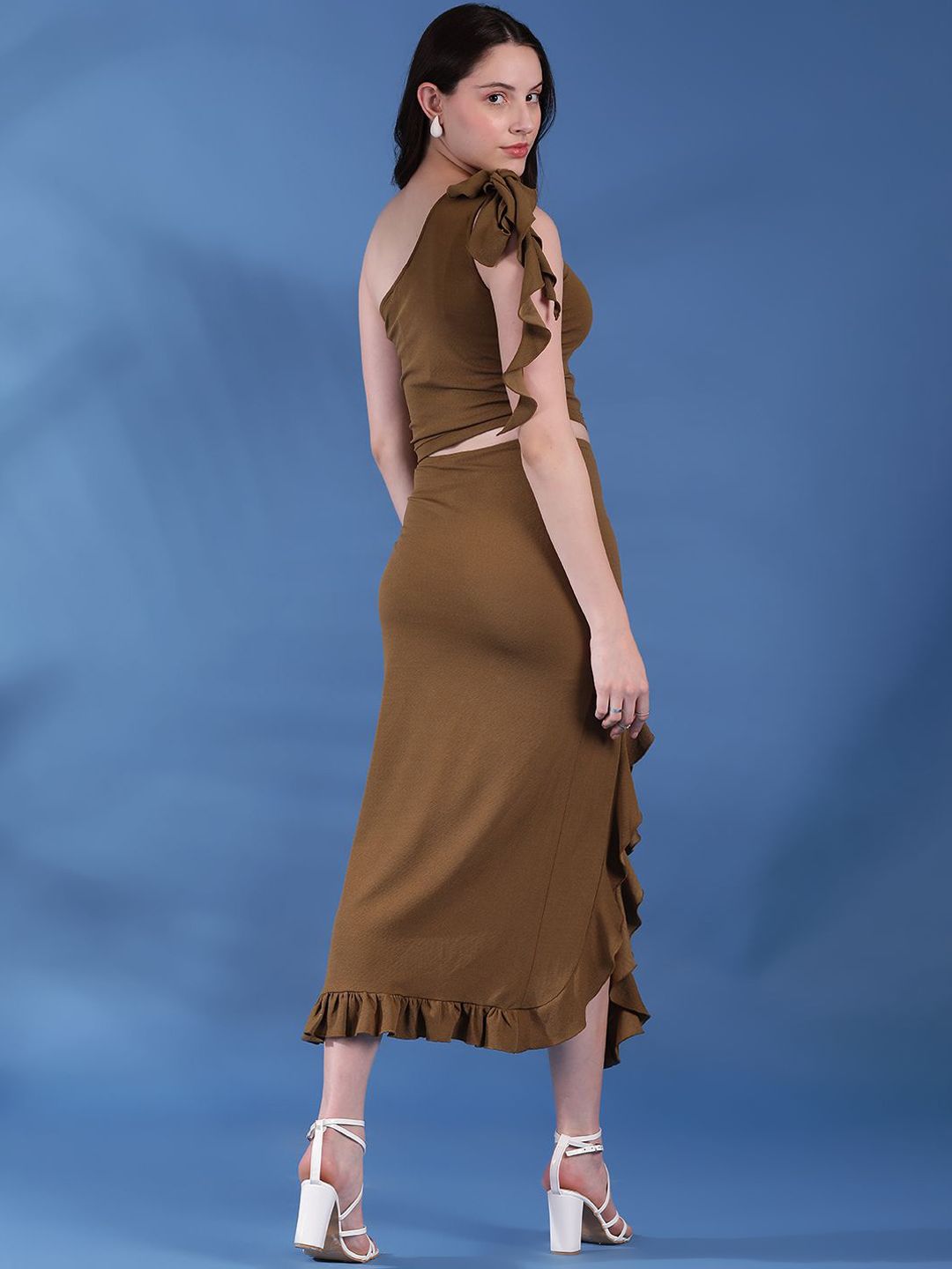 Kotty Brown One Shoulder Top With Skirt