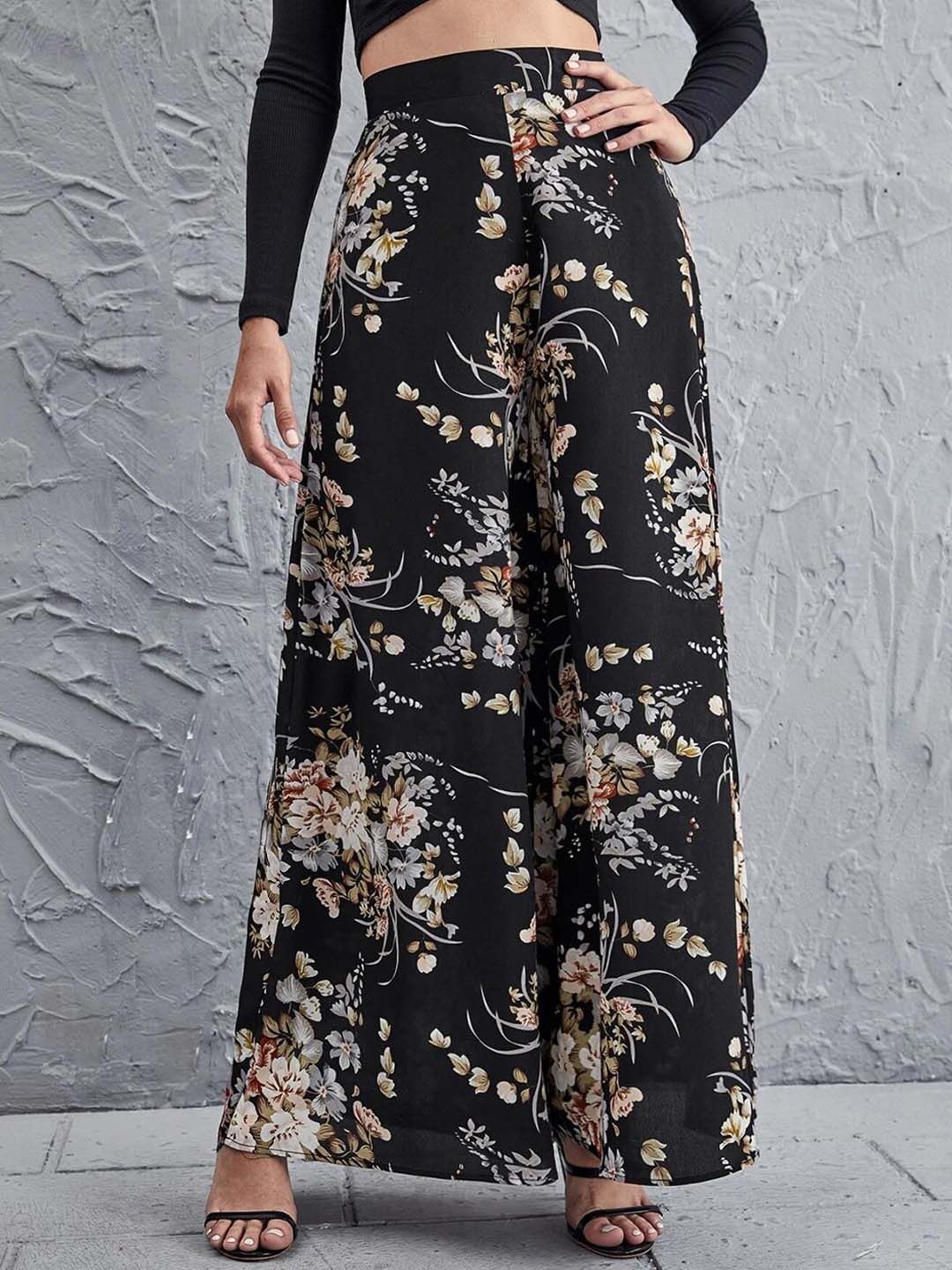 Kotty Women Multicoloured Floral Printed Relaxed Flared High-Rise Easy Wash Trousers