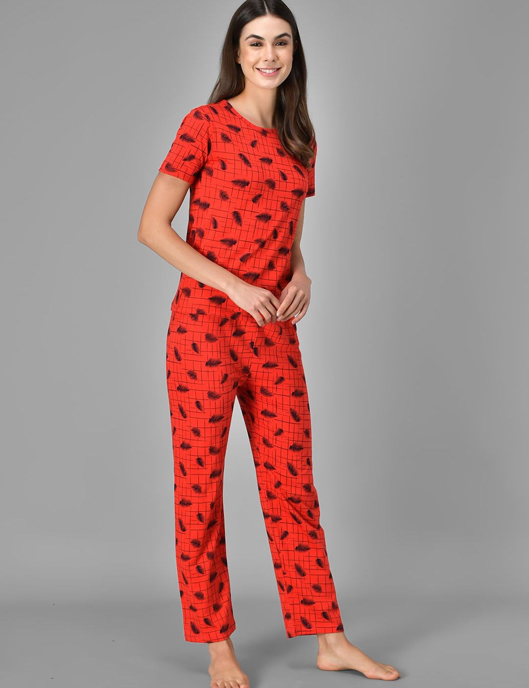Kotty Women Red & Black Printed Night Suit
