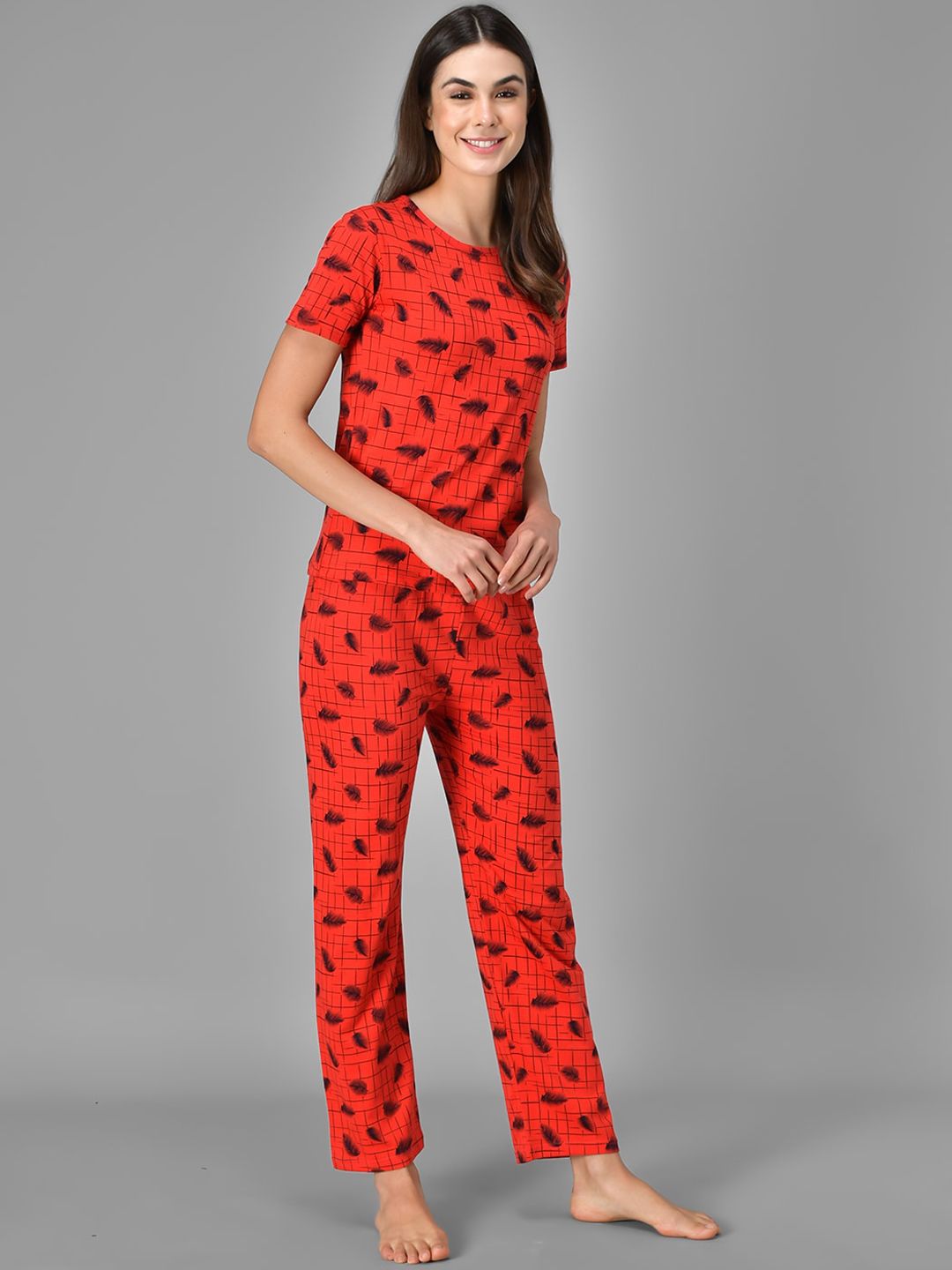 Kotty Women Red & Black Printed Night Suit