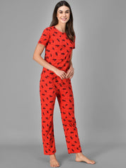 Kotty Women Red & Black Printed Night Suit