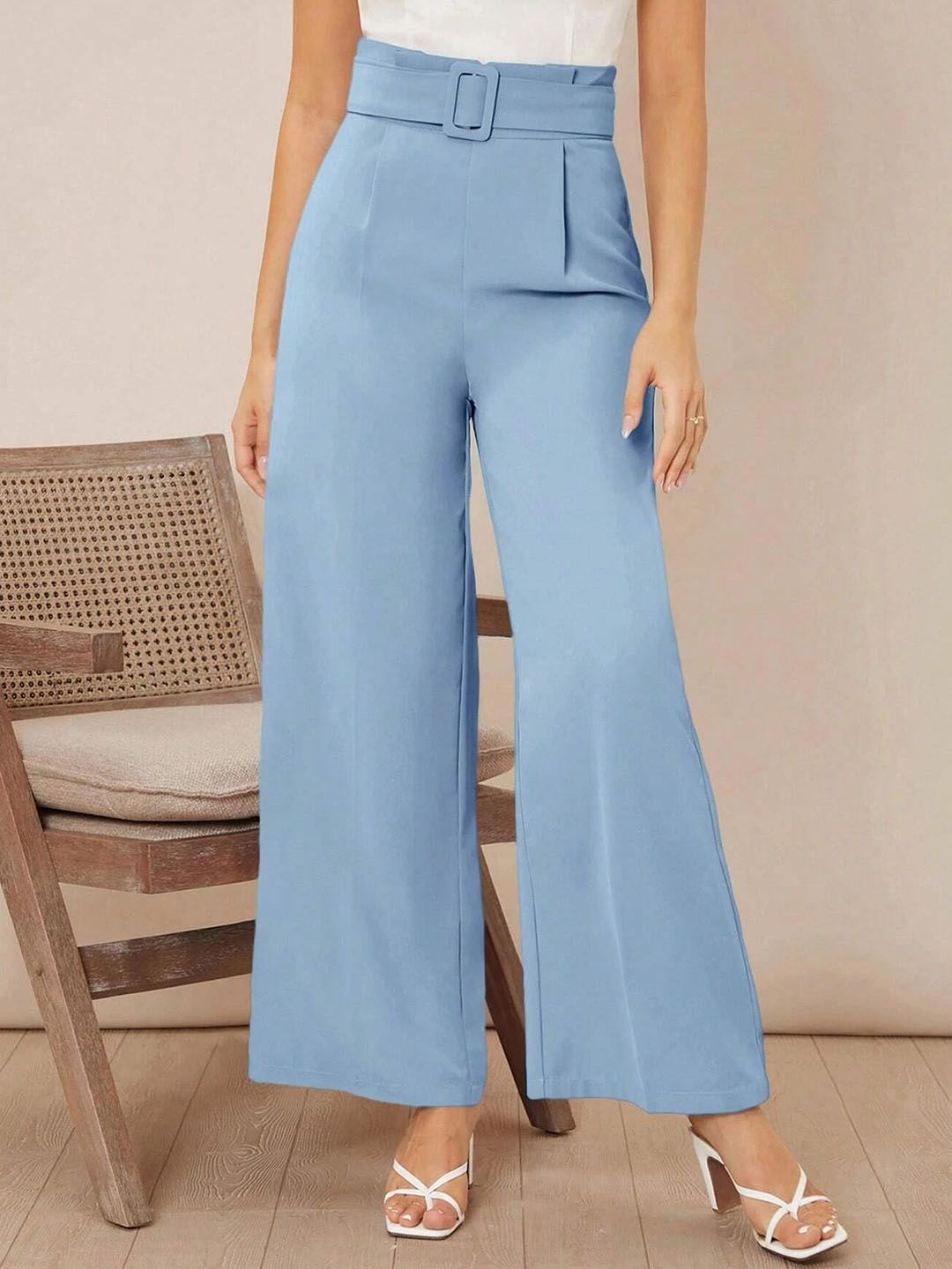 KOTTY BIZwear Women Relaxed High-Rise Easy Wash Pleated Parallel Trousers Comes With Belt