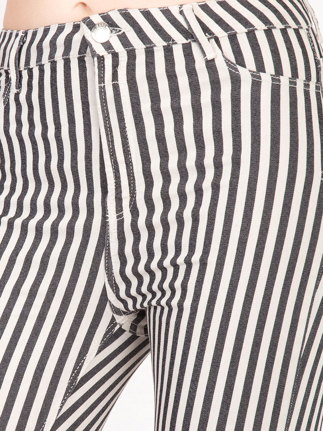 Kotty Women White & Black Skinny Fit High-Rise Slash Knee Striped Jeans